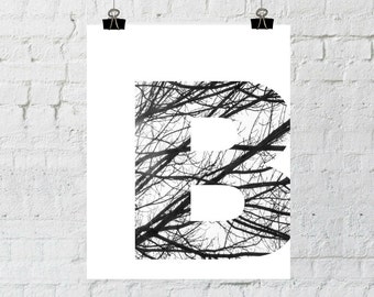 Black & White Letter "B" Tree Branch Art Print. 8x10 Typographic Home Decor. Instant Digital Download Printable Wall Art-ADOPTION FUNDRAISER