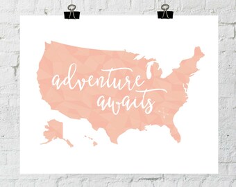 PRINTABLE Art "Adventure Awaits" Geometric Typography Art Print Poster United States Map Art Print World Map Art Print Modern World Map