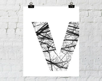 Monogram Initials Art Letter Print, Modern, Rustic Wall Decor, Black and White Prints, Tree Branch Art, Instant Download-ADOPTION FUNDRAISER