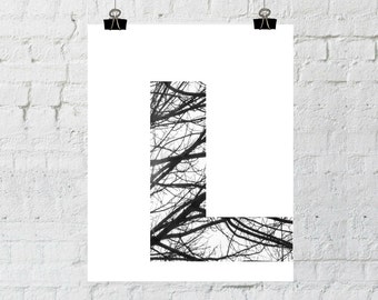 Black & White Letter "L" Tree Branch Art Print. 8x10 Typographic Home Decor. Instant Digital Download Printable Wall Art-ADOPTION FUNDRAISER