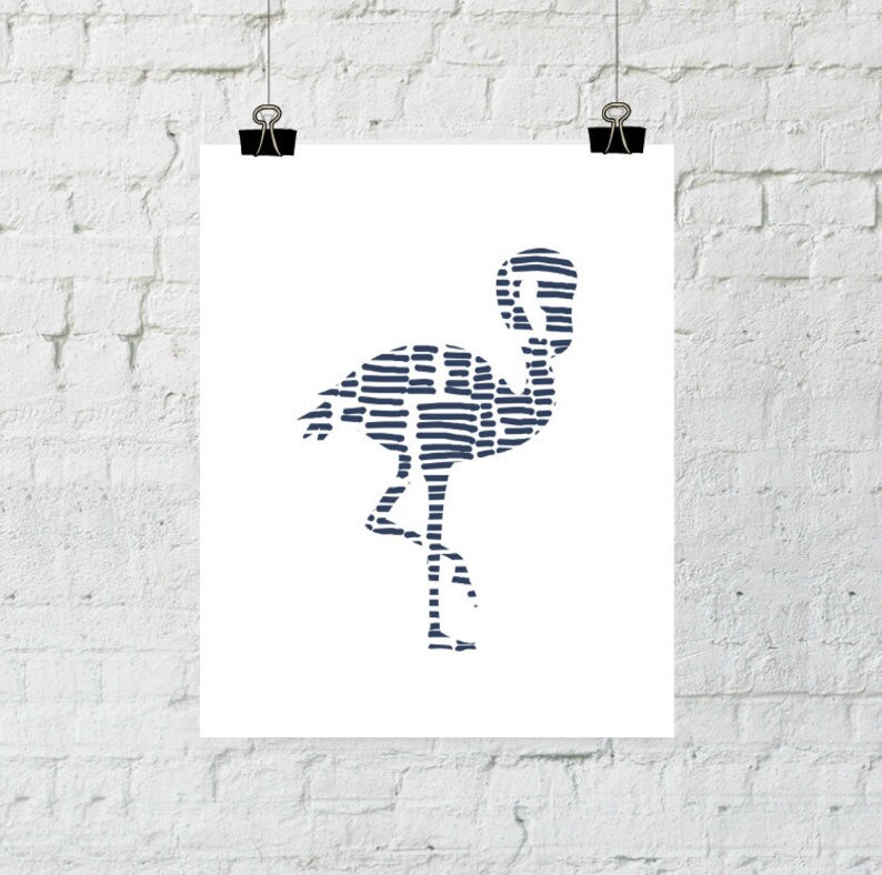 Navy Flamingo Print, Flamingo Wall Art, Navy Blue Print, Blue Flamingo, Blue, Geometric Flamingo, Striped Tribal Animal Wall Art, Summer Art image 3