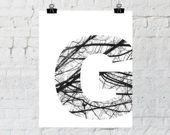 Black & White Letter "G" Tree Branch Art Print. 8x10 Typographic Home Decor. Instant Digital Download Printable Wall Art-ADOPTION FUNDRAISER