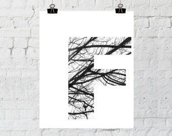 Letter F Wall Decor, Monogram, Scandinavian Art, Black and White Photography, Minimalist, Tree Branch, Instant Download-Adoption Fundraiser