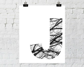 Letter J, J Monogram, Black and White Letter, Tree Branch Art Print, Instant Digital Download, Printable Wall Art, ADOPTION FUNDRAISER