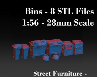 Bins - 8x Unique STL Files - 3D Printable Model Scenics for 1:56 28mm Miniatures - Model railway