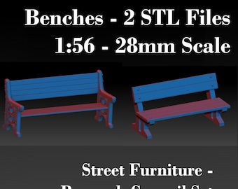 Benches - 2x Unique STL Files - 3D Printable Street Furniture for 1:56 28mm Miniatures - Model scenics - railway