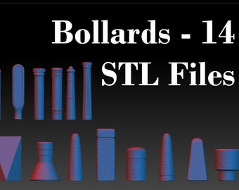 Bollards - 14x unieke STL-bestanden - 3D-afdrukbaar straatmeubilair voor 1:56 28 mm miniaturen