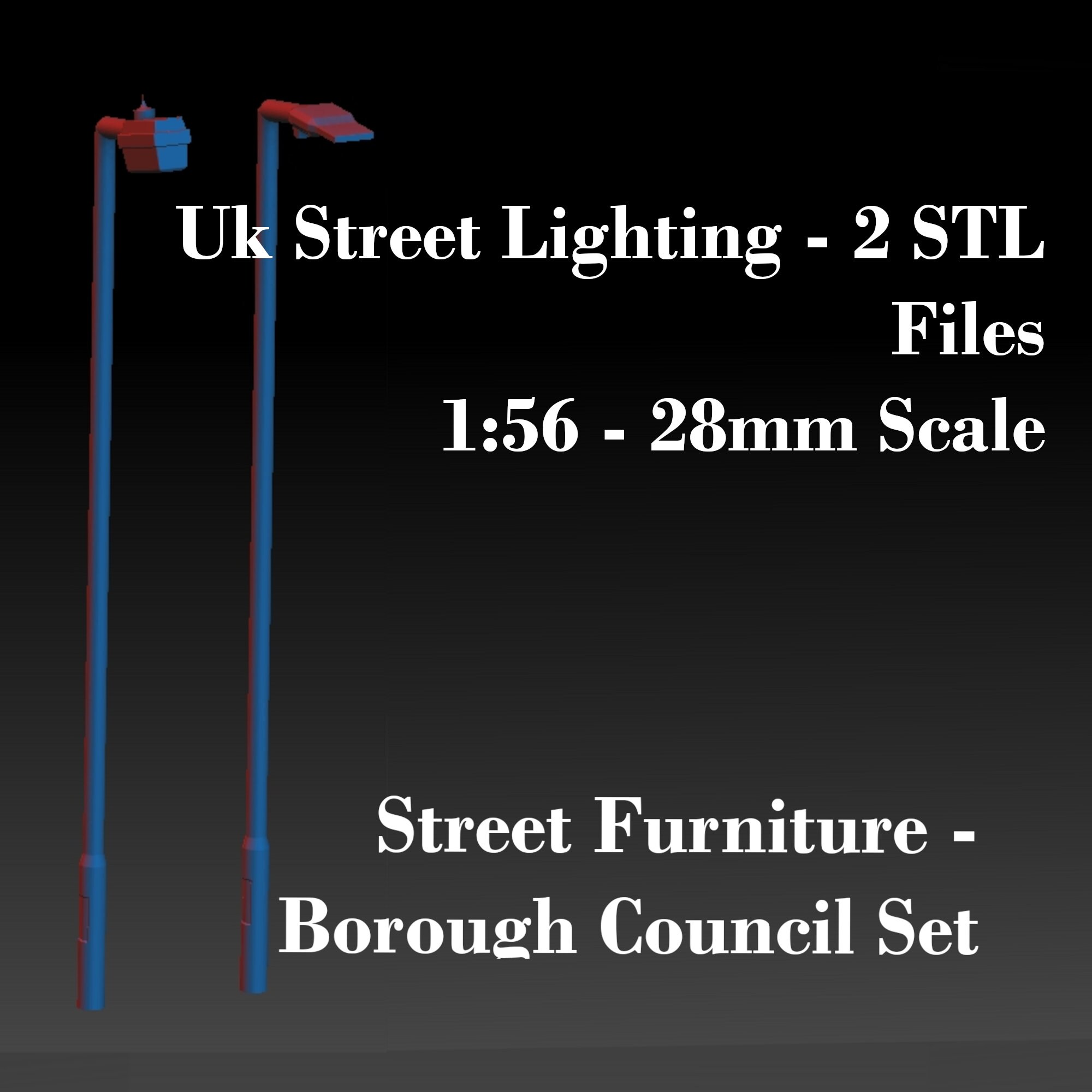 Straatverlichting - 2x unieke STL-bestanden - 3D-afdrukbaar straatmeubilair voor 1:56 28mm miniaturen - Modelspoor - Model Scenics