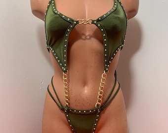 Olive green string romper with chains