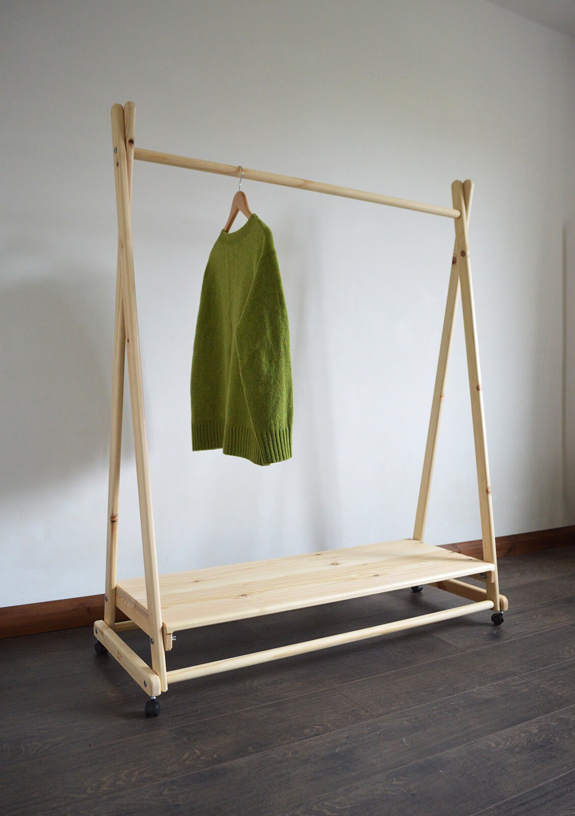 Handmade Natural Wood Clothes Rail With Shelf and Wheels Etsy UK