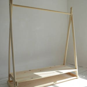 Handmade, Natural Wood, Clothes Rail with Shelf in pure natural untreated wood image 3