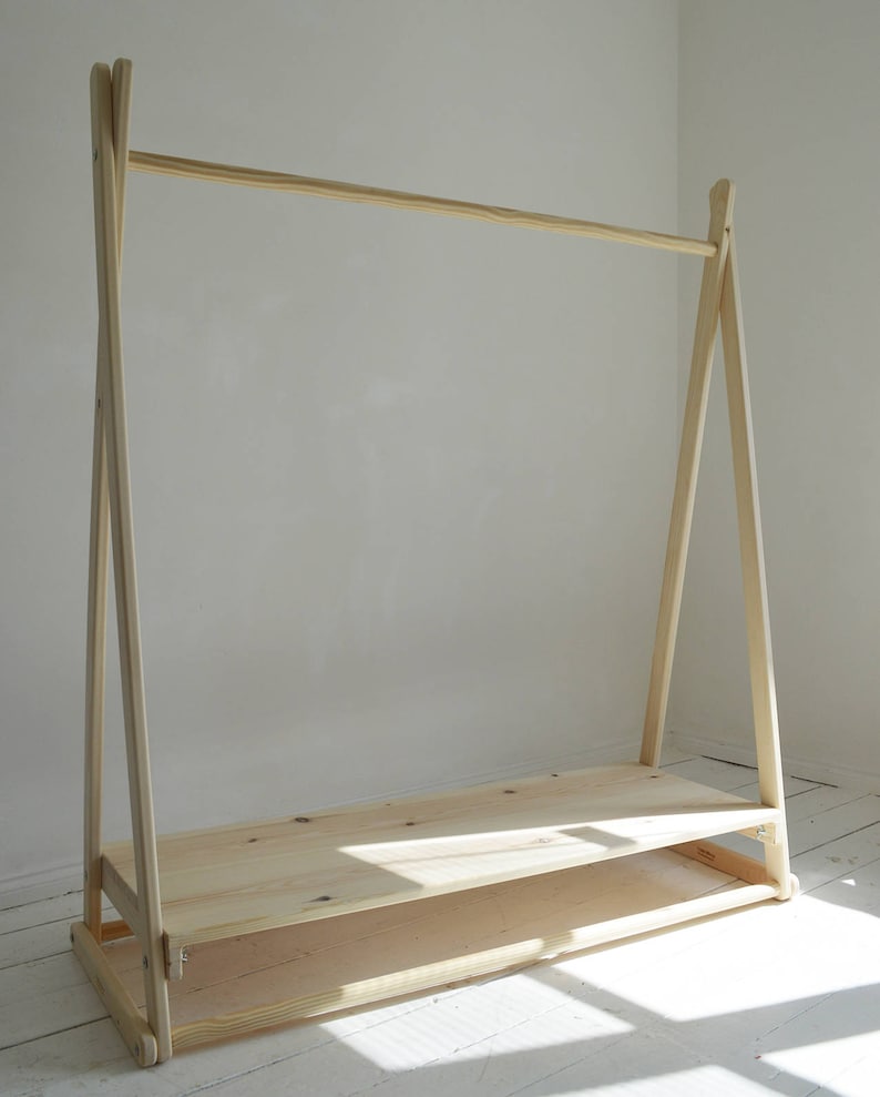 Handmade, Natural Wood, Clothes Rail with Shelf in pure natural untreated wood image 3