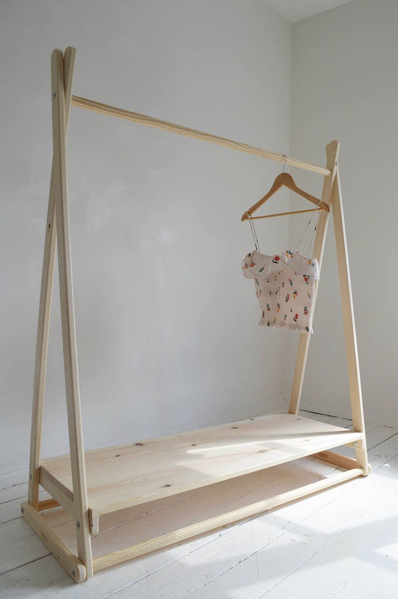 Handmade, Natural Wood, Clothes Rail with Shelf in pure natural untreated wood image 4