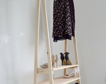 Handmade, Natural Wood, Clothes Rack, Clothes Rail with 3 Shelves