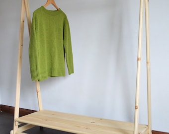 Handmade, Natural Wood, Clothes Rail with Shelf and Wheels