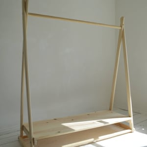 Handmade, Natural Wood, Clothes Rail with Shelf in pure natural untreated wood