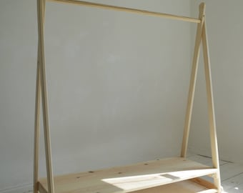 Handmade, Natural Wood, Clothes Rail with Shelf in pure natural untreated wood