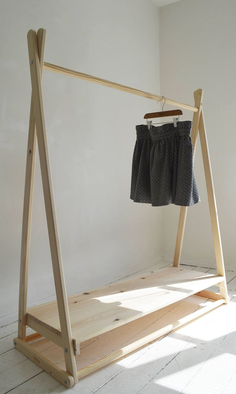 Handmade, Natural Wood, Clothes Rail with Shelf in pure natural untreated wood image 2