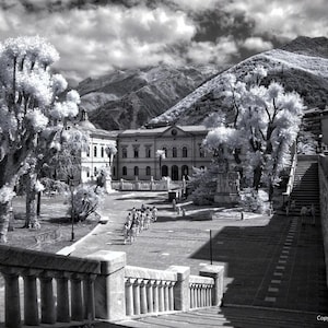 Può includere: Fotografia in bianco e nero di una piazza europea con un grande edificio sullo sfondo. Gli alberi costeggiano la piazza e una scala conduce a un livello superiore. Le montagne sono visibili in lontananza.