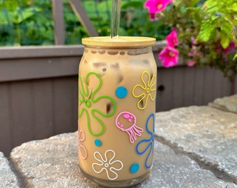 Bikini Bottom Under the Sea inspired Iced Coffee Glass Cup with lid and straw | 16 oz | makes a great gift