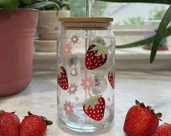 Chrome Strawberry Floral Iced Coffee Glass Cup with lid and straw | 16 oz | perfect for summer | gifts for her