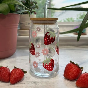 Chrome Strawberry Floral Iced Coffee Glass Cup with lid and straw | 16 oz | perfect for summer | gifts for her