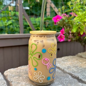 Bikini Bottom SpongeBob SquarePants Iced Coffee Glass Cup with lid and straw | 16 oz | cute gift for SpongeBob fans