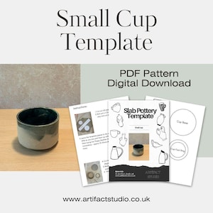 May include: A small cup with a two-tone green and off-white glaze sits next to printed PDF pattern sheets for a slab pottery template. The documents include instructions, illustrations of various pottery shapes, and circular outlines for a cup base and foot ring.