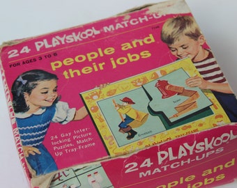 Playskool match-up game educational puzzle people and their jobs vintage learning game vintage graphic art matching game Mid Century Modern