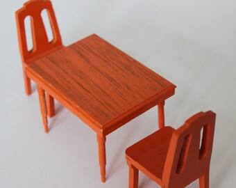 Vintage Dining Room Furniture Kitchen Table and Chairs Orange Table and Two Chairs Painted Wood Miniature Furniture MCM Mid Century Modern