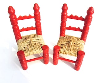 two miniature vintage red wood ladderback chairs painted dollhouse furniture antique dollhouse furniture straw seated chairs mini