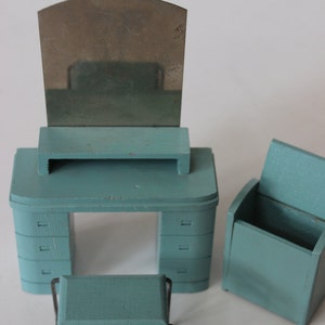 Vintage Bed Room Doll House Furniture 1038 Strombecker Dresser Hamper Stool Dressing Table Mirror Metal Wood Blue Green Miniature MCM