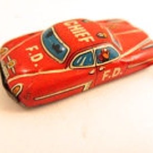 vintage red F.D. Chief miniature tin metal car Japan collectible car antique metal car vintage red car push pull car tin toy vintage toy