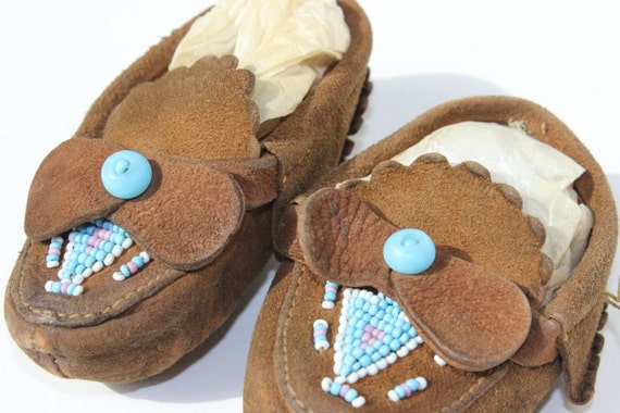 Vintage Baby Moccasin Suede Beaded Turquoise Real