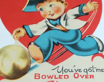 Vintage Valentine 1940's You've got me Bowled Over Valentine vintage valentine for a bowler