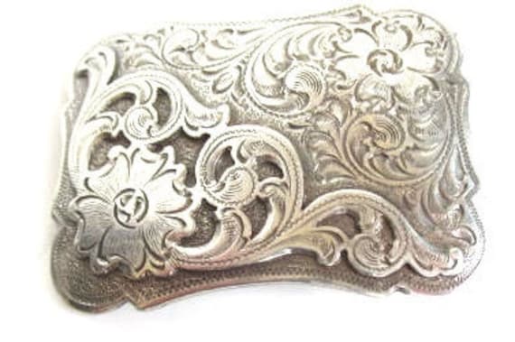 1994 Silver tone belt buckle western floral beauti