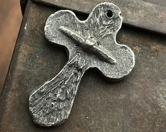 Handcrafted Rustic Cross Artisan Aged Pendant, Handmade Jewelry Components, DIY Jewelry Making Accessories, Hand Cast Pewter Metal 200-PD
