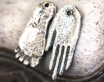 Artisan Hand and Foot Charms, Asymmetrical Handmade Jewelry Making Earrings Components, DIY Craft , Pewter Metal 185-CP