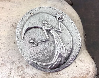 Polished Crescent Moon Lady Pendant, Artisan Handcrafted Jewelry Design, Jewellery Making Components, Hand Cast Pewter, DIY - No. 37PP