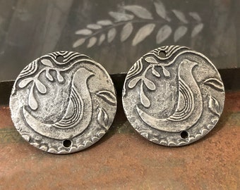 Handmade Bird, Folk Art, Connector Charms, Aged Finish, Artisan Handcrafted Pewter Jewelry Making Components, DIY Crafting, for Earrings