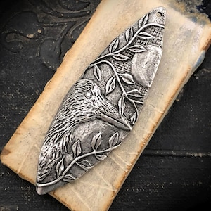 Raven & Moon, Large Pendant, Aged, Metal, Jewelry Making, Handmade Components, Handcast Pewter, Silver, Artisan Crafting