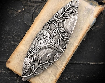 Raven & Moon, Large Pendant, Aged, Metal, Jewelry Making, Handmade Components, Handcast Pewter, Silver, Artisan Crafting