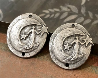 Moon Lady w/ Stars, Handmade, Connector Charms, Aged Finish, Artisan Handcrafted Pewter Jewelry Making Components, DIY Crafting for Earrings