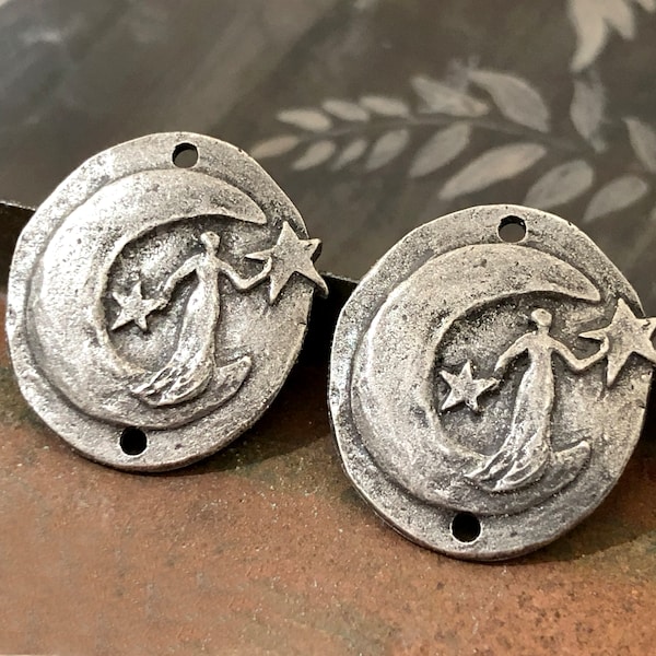 Moon Lady w/ Stars, Handmade, Connector Charms, Aged Finish, Artisan Handcrafted Pewter Jewelry Making Components, DIY Crafting for Earrings