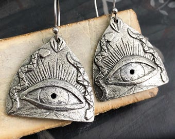Eye & Snake Earrings Polished, Handcast Pewter, Minimalist, Dangle, Handmade, Artisan