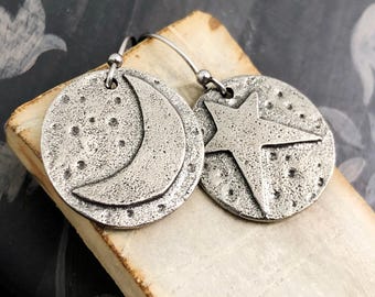 Star & Moon Earrings Polished, Handcast Pewter, Minimalist, Dangle, Handmade, Artisan