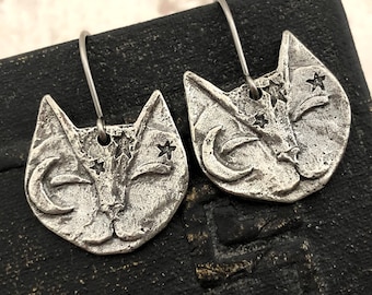 Cat w/ Moon & Stars Earrings, Polished, Silver Pewter, Metal, Handmade Dangle Earrings, Handcrafted, Handcast, Artisan, Cat Lovers