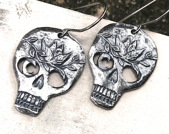 Sterling Silver Skull Earrings, 1.4" Length, Handmade Dangle Earrings, Handcrafted, Handcast Charms, Silver, Artisan, Metal  30-EP