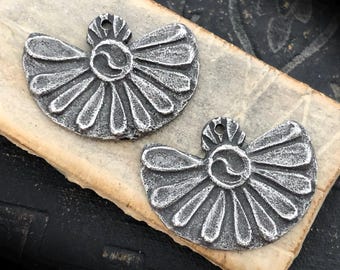 Floral Yin Yang Charms Aged Finish, Handcrafted, Artisan, Jewelry Making Components, Handcast Pewter, Silver Metal, Supplies