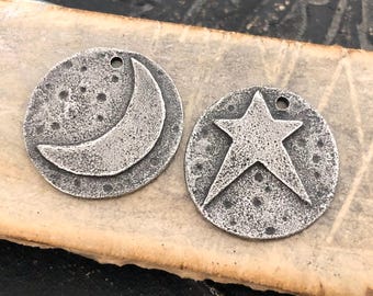 Star & Moon Charms Aged Finish, Handcrafted, Artisan, Jewelry Making Components, Handcast Pewter, Silver Metal, Supplies